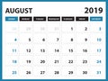 Desk calendar for AUGUST 2019 template, Printable calendar, Planner design template, Week starts on Sunday, Stationery design