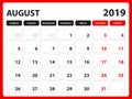 Desk calendar for AUGUST 2019 template, Printable calendar, Planner design template, Week starts on Sunday, Stationery design