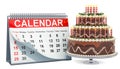 Desk calendar with chocolate birthday cake, 3D rendering Royalty Free Stock Photo