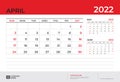 Desk Calendar 2022 design, April 2022 template, week start on sunday, Planner design, Wall calendar 2022 layout