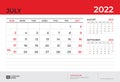 Desk Calendar 2022 design, July 2022 template, week start on sunday, Planner design, Wall calendar 2022 layout