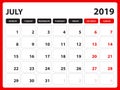 Desk calendar for JULY 2019 template, Printable calendar, Planner design template, Week starts on Sunday, Stationery design