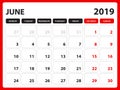 Desk calendar for JUNE 2019 template, Printable calendar, Planner design template, Week starts on Sunday, Stationery design