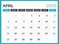 Desk calendar layout Size 8 x 6 inch, April 2020 Calendar template, planner design, week starts on sunday, stationery design