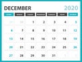 Desk calendar layout  Size 8 x 6 inch, December 2020 Calendar template, planner design, week starts on sunday, stationery design Royalty Free Stock Photo