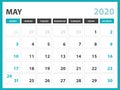 Desk calendar layout Size 8 x 6 inch, May 2020 Calendar template, planner design, week starts on sunday, stationery design