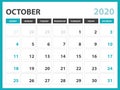 Desk calendar layout Size 8 x 6 inch, October 2020 Calendar template, planner design, week starts on sunday, stationery design