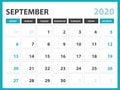 Desk calendar layout  Size 8 x 6 inch, September 2020 Calendar template, planner design, week starts on sunday, stationery design Royalty Free Stock Photo