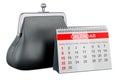 Desk calendar with purse coin, 3D rendering