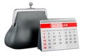 Desk calendar with purse coin, 3D rendering Royalty Free Stock Photo
