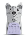 Desk Calendar 2020 on rat cartoon character Frame, June 2020 lettering, poster, flyer, mouse animal chinese zodiac sign Royalty Free Stock Photo