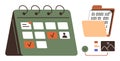 Desk calendar with scheduled tasks and open digital file folder containing coding and data elements Royalty Free Stock Photo