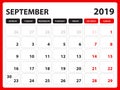 Desk calendar for SEPTEMBER 2019 template, Printable calendar, Planner design template, Week starts on Sunday, Stationery design