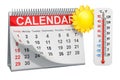 Desk calendar with sun and thermometer, summer season concept. 3D rendering