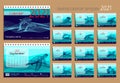 Desk calendar 2021. template with illustrations of sea animals - seal, whale, dolphin, crocodile, shark, turtle.