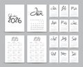 Desk calendar 2026 template set, Calendar 2027-2028, Lettering calendar, hand-drawn vector illustration, wall calendar 2026 year