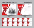 Desk Calendar 2027 template set and red wave cover design, Set of 12 Months, creative calendar 2027 design, wall calendar 2027