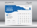 Desk Calendar 2020 template vector, AUGUST 2020 month, business layout, 8x6 inch, Week starts Sunday, Stationery design, flyer