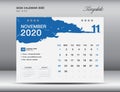 Desk Calendar 2020 template vector, NOVEMBER 2020 month, business layout, 8x6 inch, Week starts Sunday, Stationery design, flyer