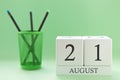 Desk calendar of two cubes for August 21 Royalty Free Stock Photo