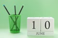Desk calendar of two cubes for June 10 Royalty Free Stock Photo