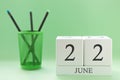 Desk calendar of two cubes for June 22 Royalty Free Stock Photo