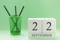 Desk calendar of two cubes for September 22 Royalty Free Stock Photo