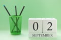 Desk calendar of two cubes for September 2 Royalty Free Stock Photo