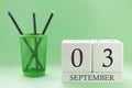 Desk calendar of two cubes for September 3 Royalty Free Stock Photo