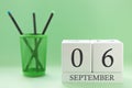 Desk calendar of two cubes for September 6 Royalty Free Stock Photo