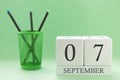 Desk calendar of two cubes for September 7 Royalty Free Stock Photo