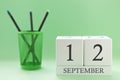 Desk calendar of two cubes for September 12 Royalty Free Stock Photo