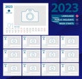 Desk calendar 2023, 2 week grid in English. Place for photo for illustration