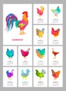 Desk Calendar for 2017 Year. Set of 12 colorful months pages and cover. Abstract low poly rooster and chickens.