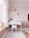 A desk with a chair in white in a classic style in the nursery near the window with a shelf with toys and decor