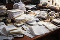 A desk cluttered with a huge pile of papers