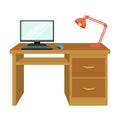 A desk with a computer and a desk lamp. Furniture and interior single icon in cartoon style Isometric vector symbol Royalty Free Stock Photo