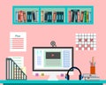 Desk with computer, documents and equipment. Workplace for the business, education, online teaching. Flat design illustration for