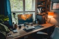 A desk with a computer and a lamp, providing a workspace for productivity and illumination, A modern and trendy home office setup Royalty Free Stock Photo