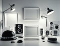 desk with computer, speakers and other electronics