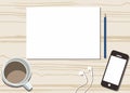 Desk with a cup of coffee, handphone and paper flat design