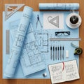 A protractor, ruler, compass, pens, mechanical pencils, and a Royalty Free Stock Photo