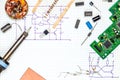 On the desk electronics. Tools and electronic components. Royalty Free Stock Photo