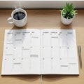 A desk features an open planner showing a two-week layout with days marked. Each Royalty Free Stock Photo