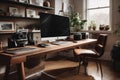 Desk With Monitor, Keyboard, and Camera. Generative AI.