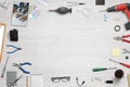 Desk for fix, repair, maintenance electronic devices. Top view with free space for text Royalty Free Stock Photo