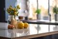 Desk of free space and kitchen interior, wooden table, kitchen window and shelves. Aesthetic photo, macro close up Royalty Free Stock Photo