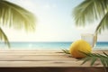 Desk of free space with lemonade cocktail and fruit on the beach summer background. Royalty Free Stock Photo