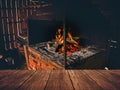 Desk of free space and workshop. Interior of an old forge. Bright fire burning in the furnace Royalty Free Stock Photo