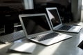 A desk full of Apple computer products Royalty Free Stock Photo